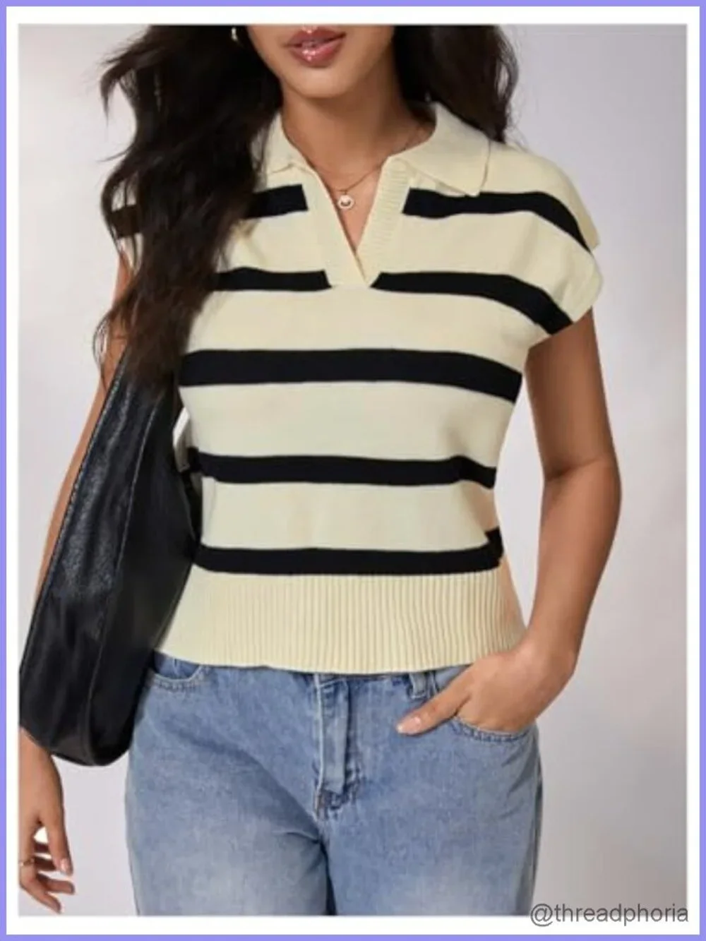 Striped Sweater Vest with Cap Sleeve Collared Neck Ribbed Knit